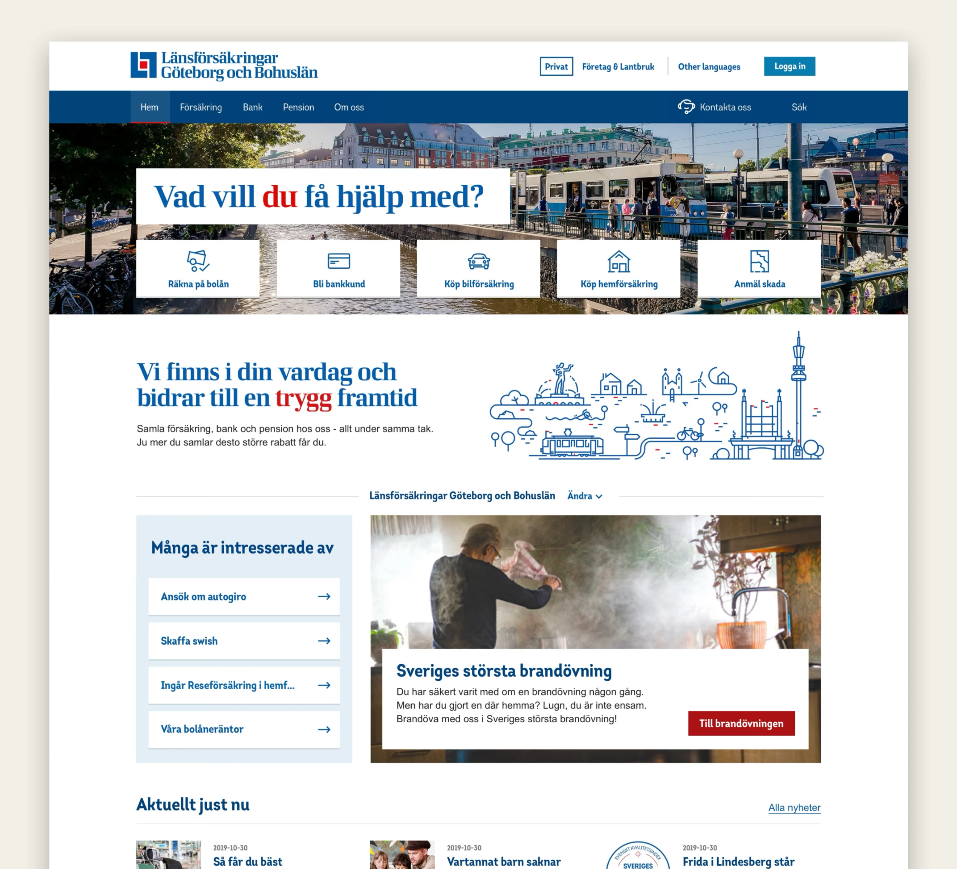 Länsförsäkringar Göteborg och Bohuslän website start page with the headline Vad vill du få hjälp med? and quick links