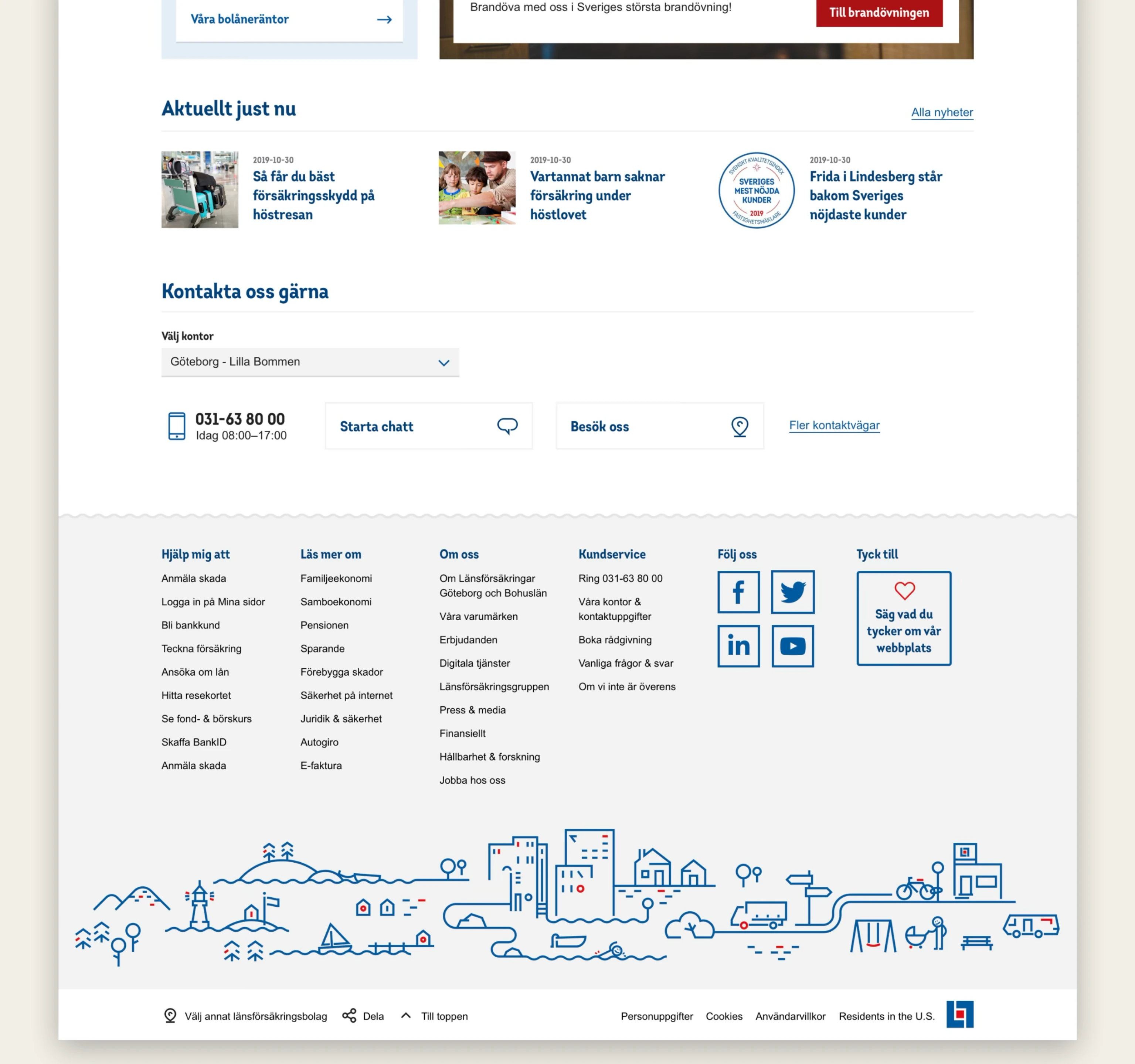 Lower part of the start page with news, contact options and a footer with a line illustration of the region