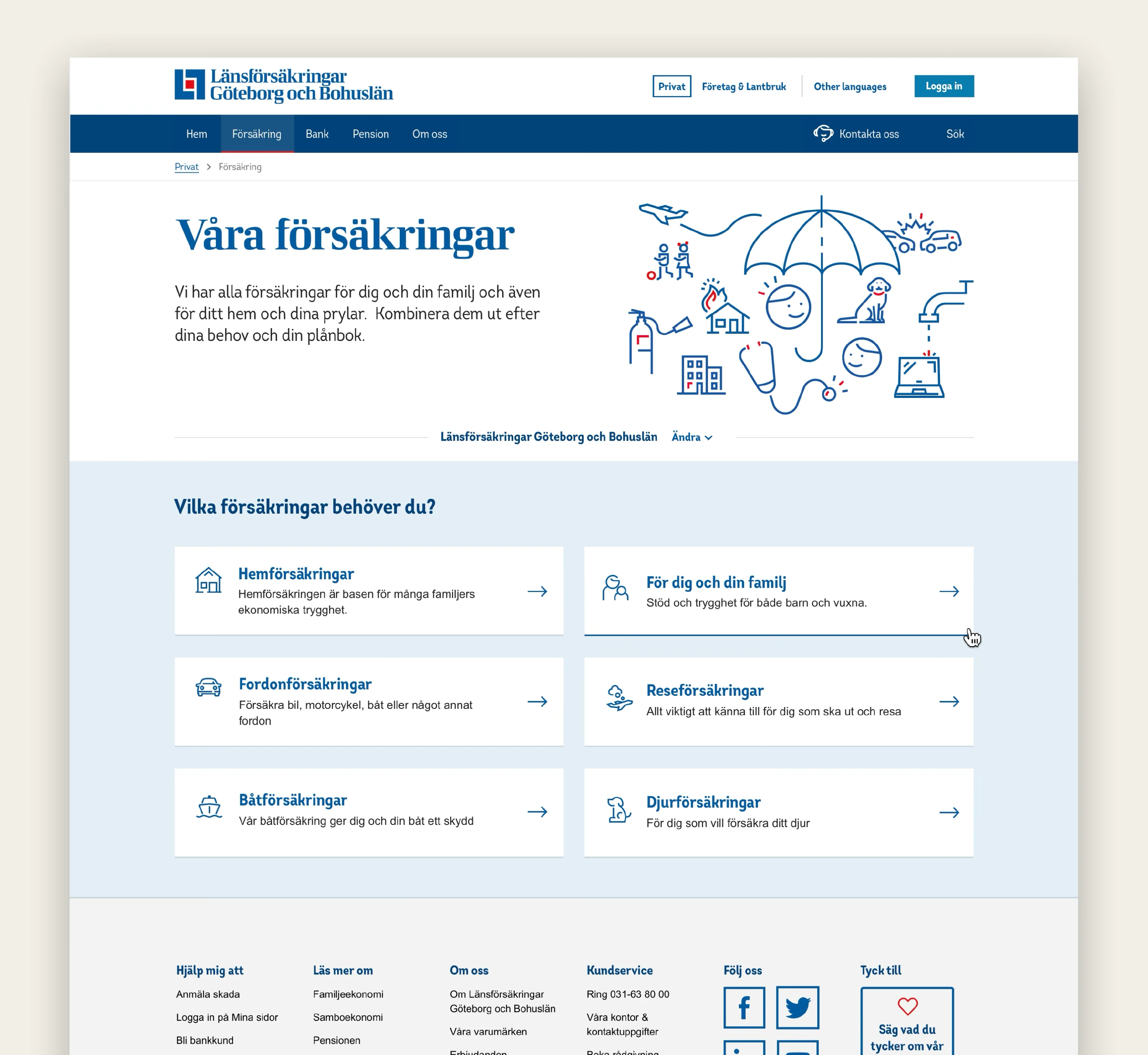The Våra försäkringar insurance overview page with a line illustration and insurance categories