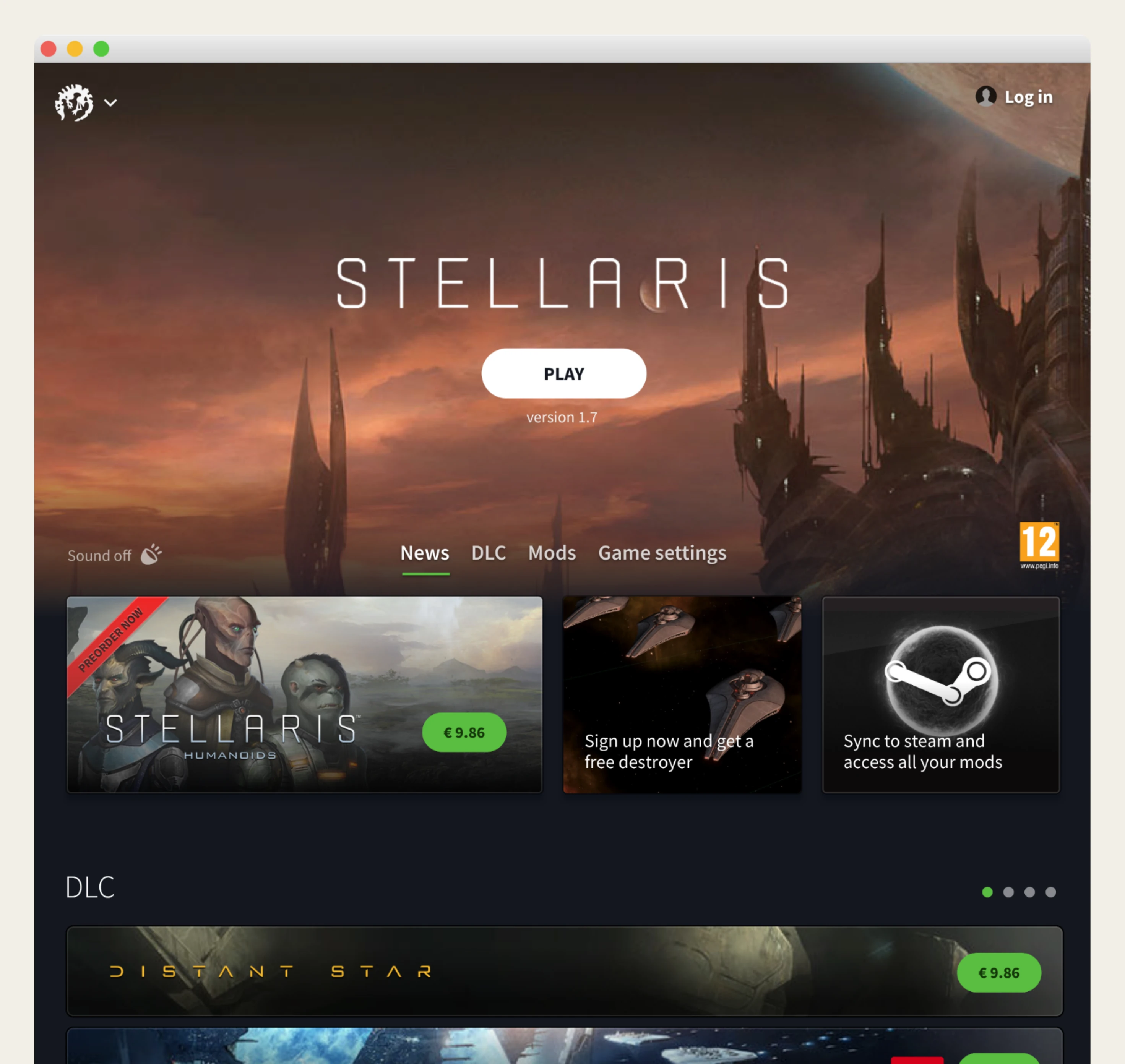 Paradox desktop game launcher themed for Stellaris, with a Play button, news, DLC and mods