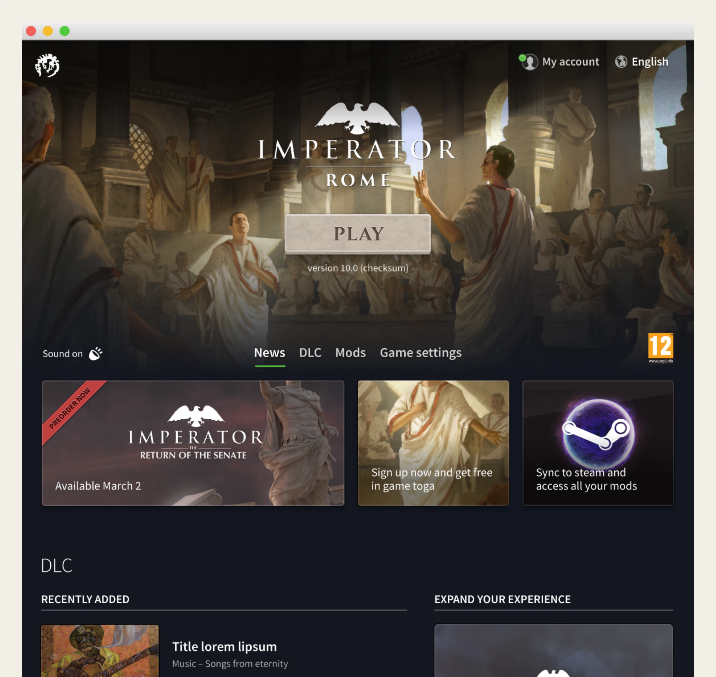 The same launcher adapted to Imperator: Rome, with its own artwork and colour treatment