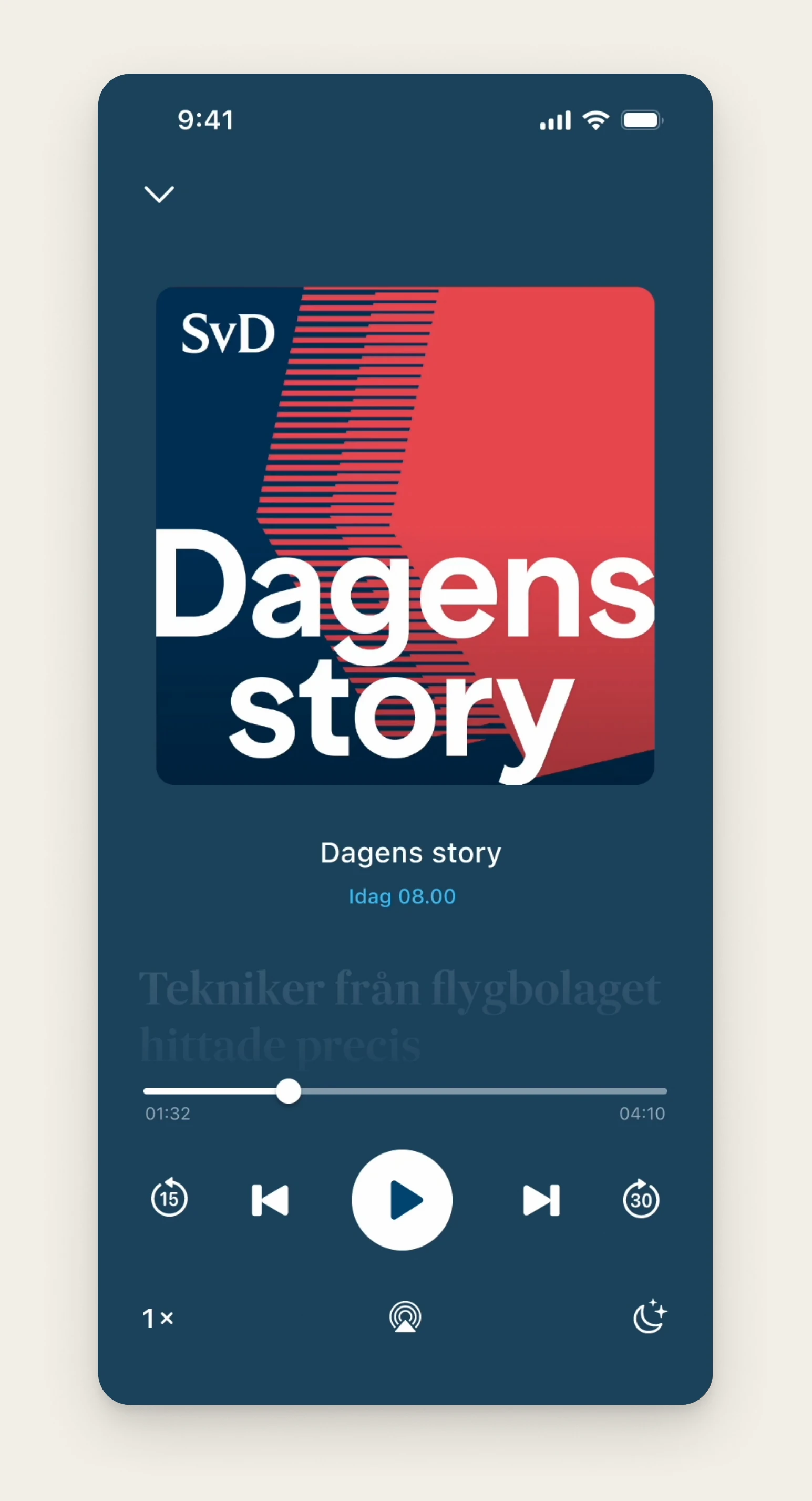 Podcast player for Dagens story with a scrolling transcript beneath the cover art