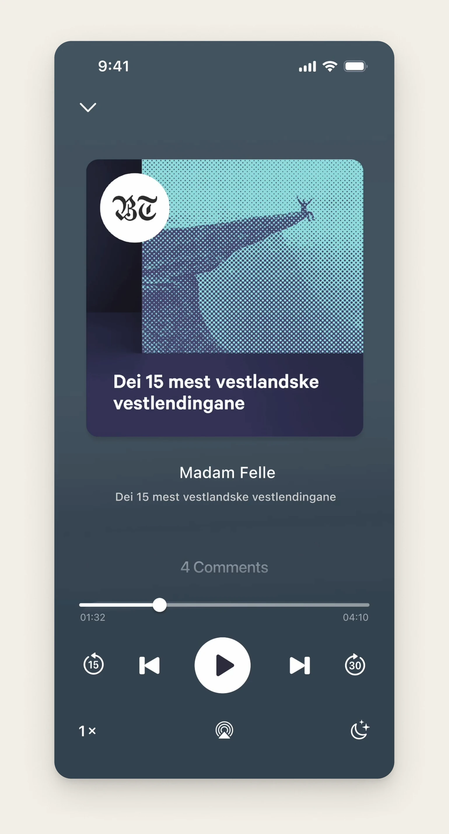 Podcast player with a comments count shown below the episode, letting listeners open the discussion while listening