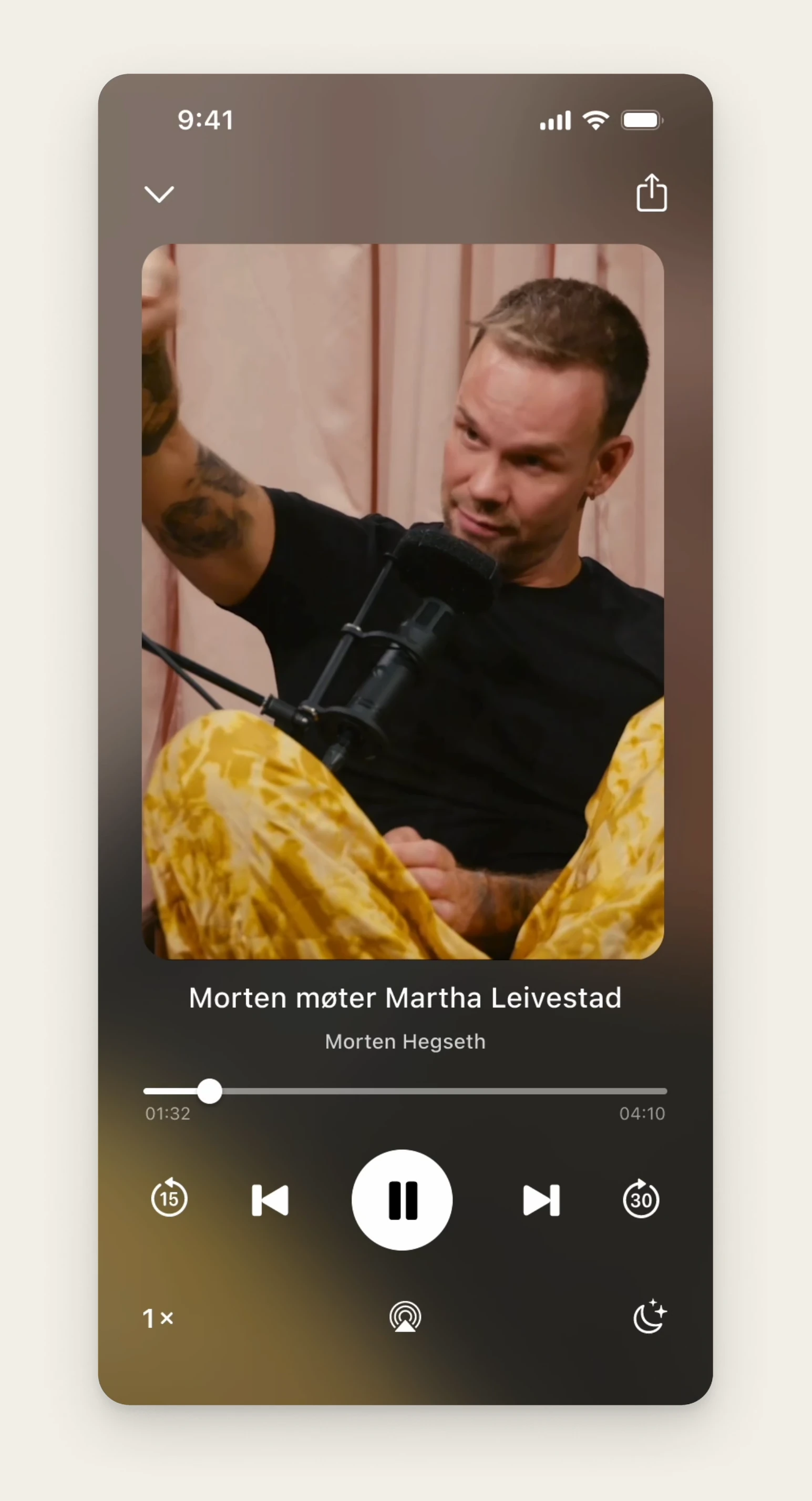 Podcast player playing a video podcast episode inline, with standard audio controls below