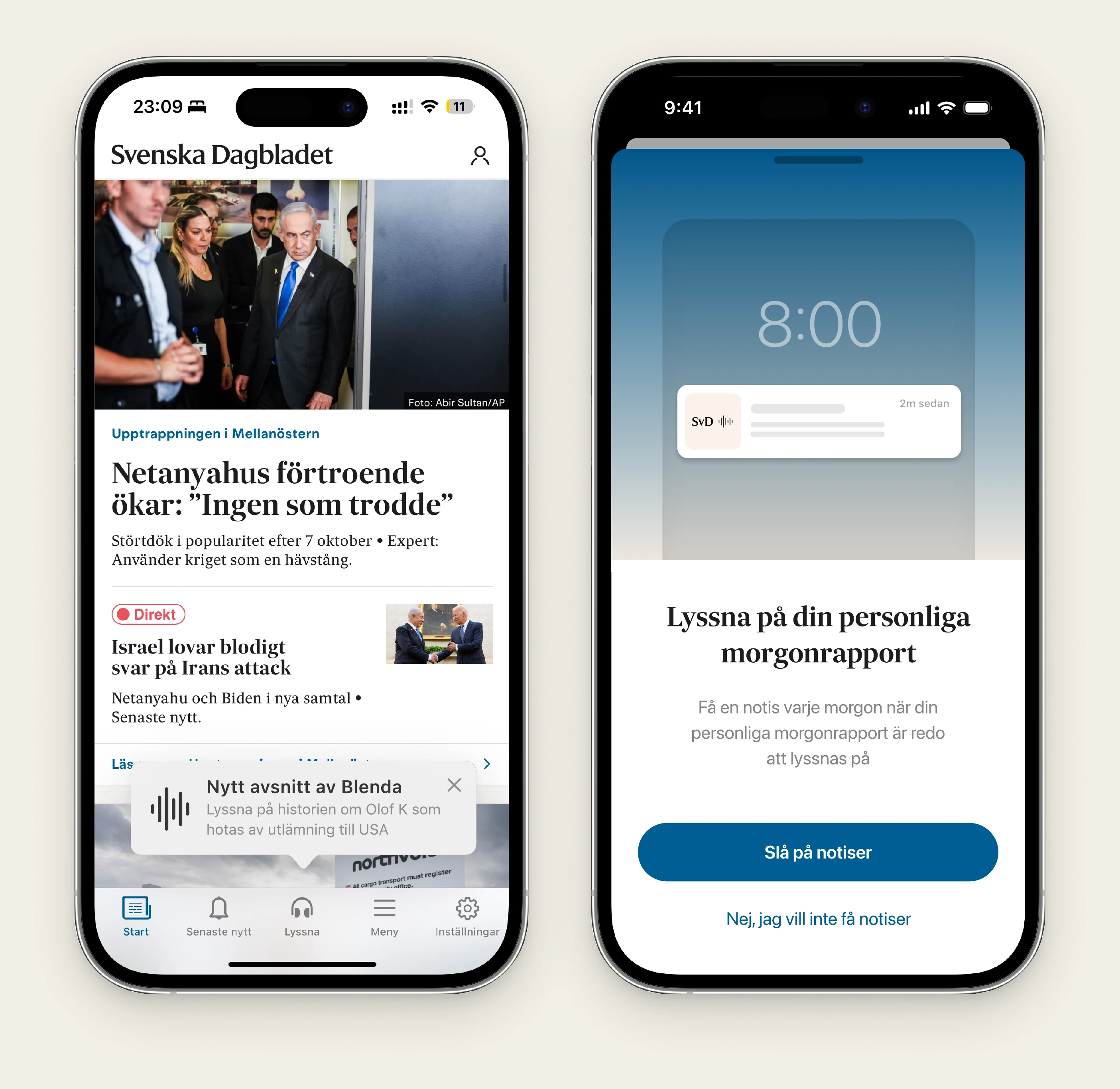 Two phones: a news front page with a tip about a new podcast episode, and an overlay inviting users to turn on notifications for a morning brief