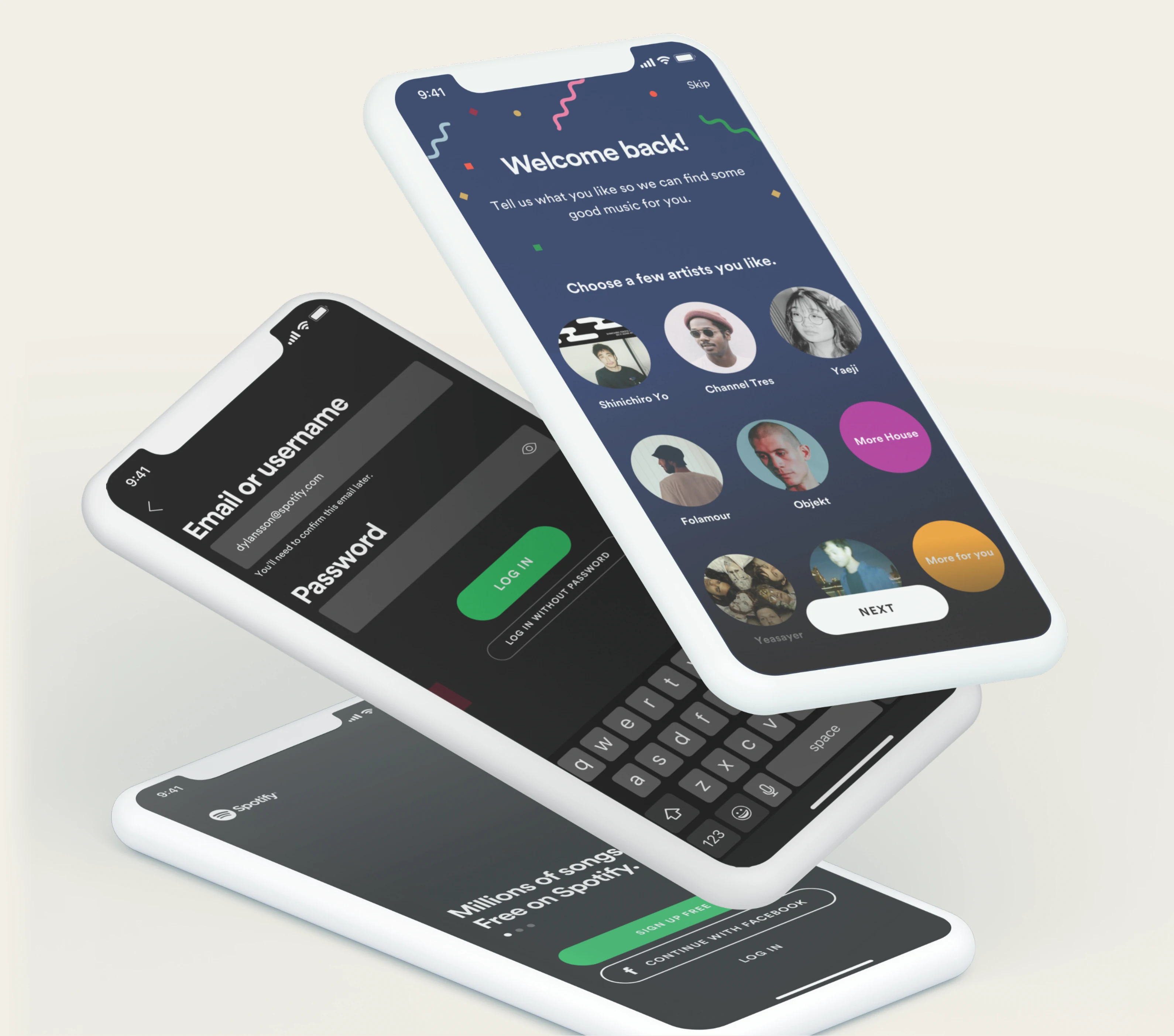 Three angled phones showing the Spotify reactivation flow: login, a welcome-back artist picker and the start screen