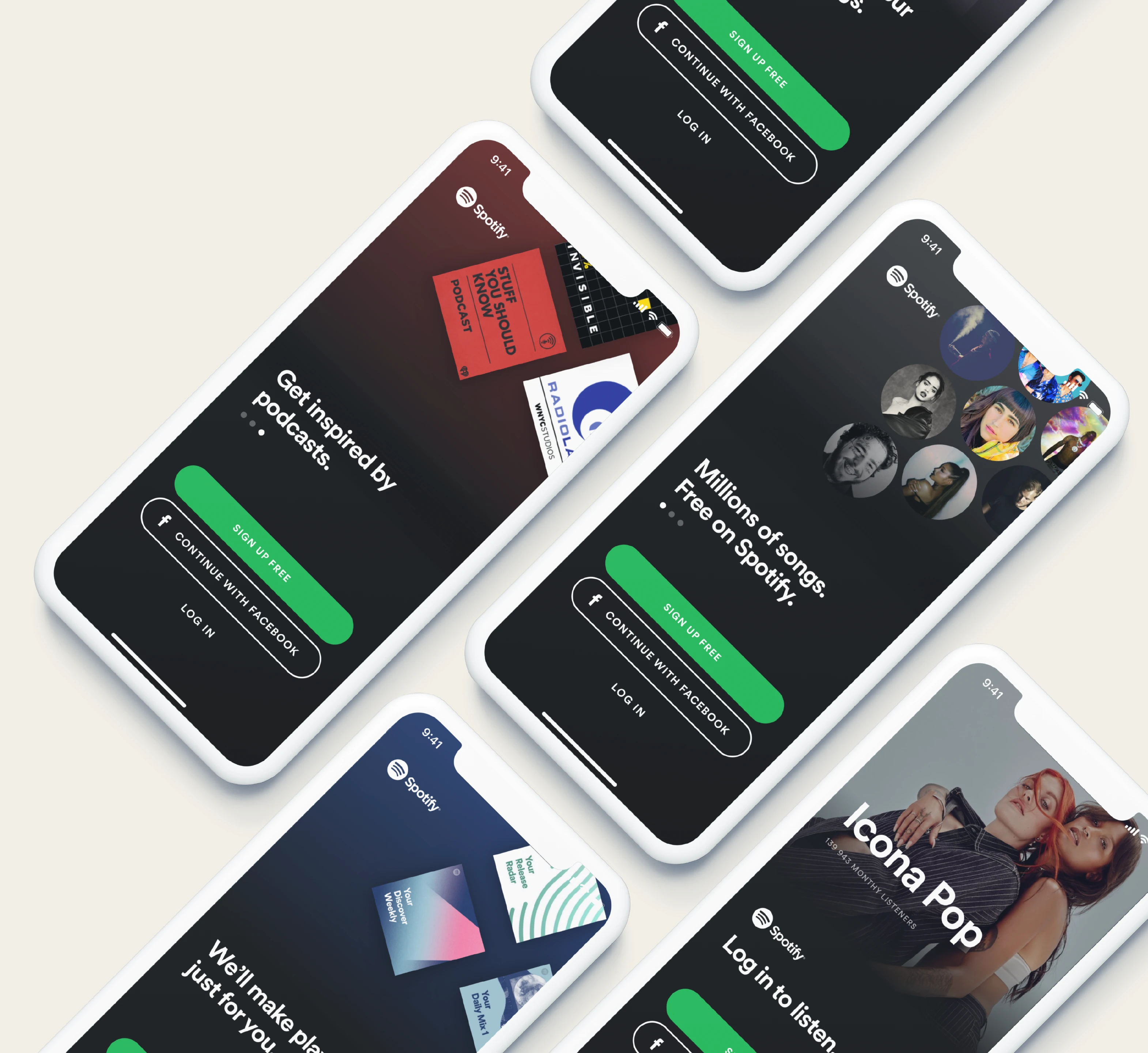A diagonal grid of phones with Spotify start-screen concepts, each presenting a different value proposition