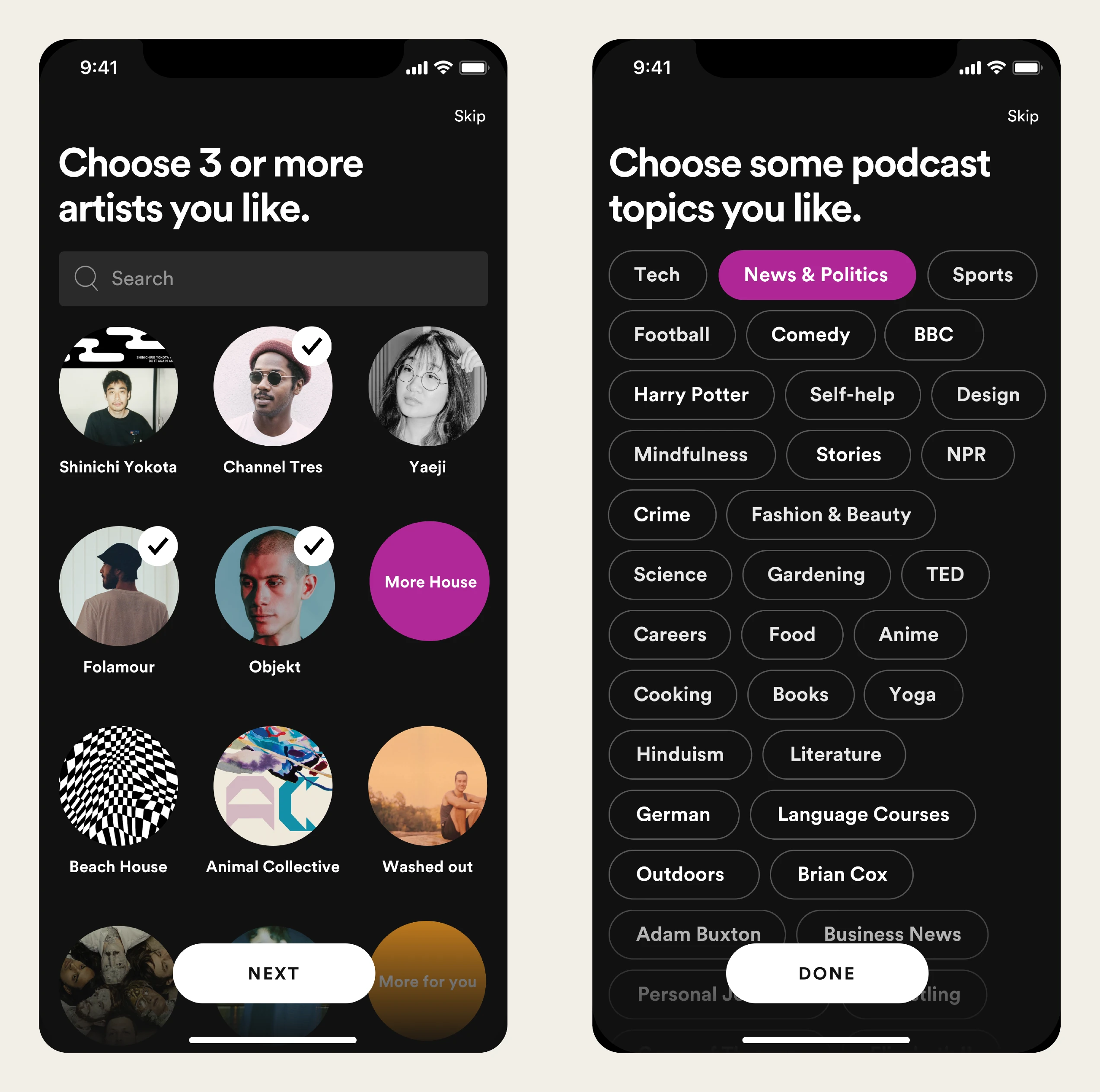 Two phones from Spotify taste onboarding: choosing three or more artists, and choosing podcast topics