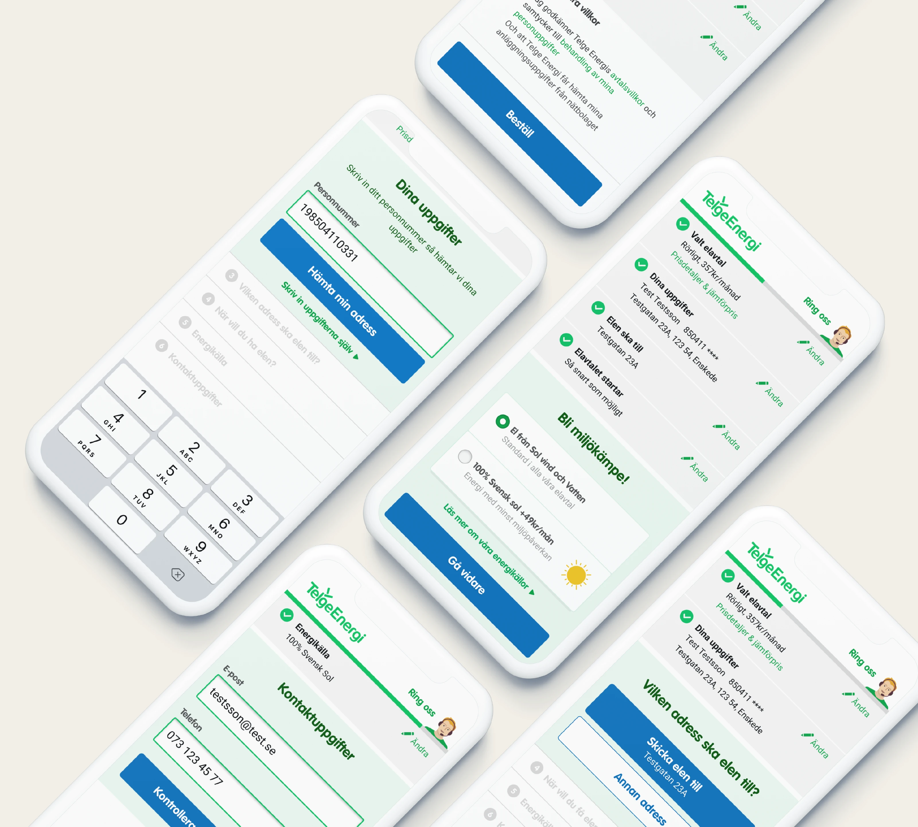 A diagonal grid of phones showing steps in the Telge Energi sign-up flow: personal details, energy source choice, contact details and delivery address