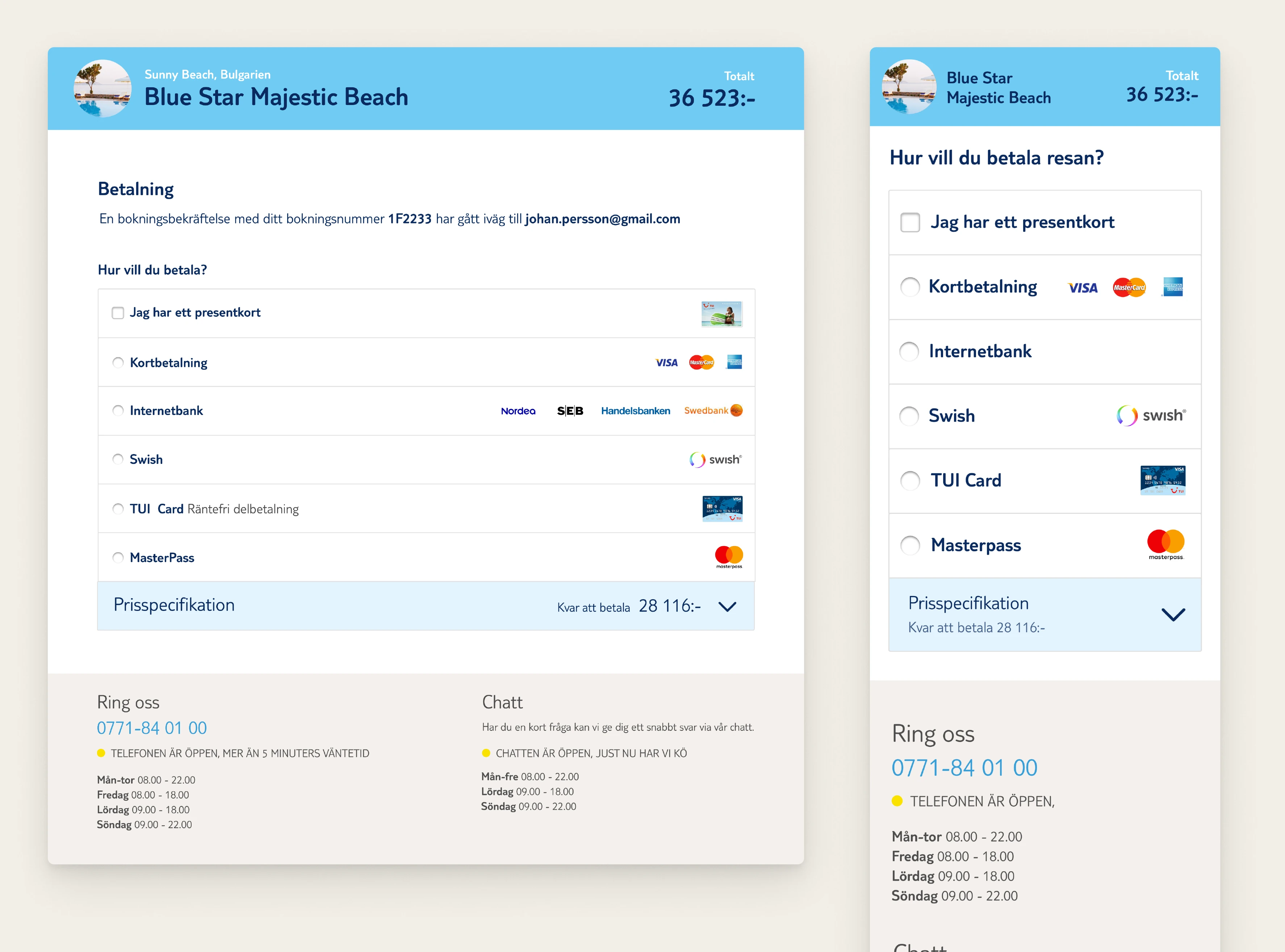 TUI booking payment step on desktop and mobile, with payment options such as card, internet bank, Swish and TUI Card
